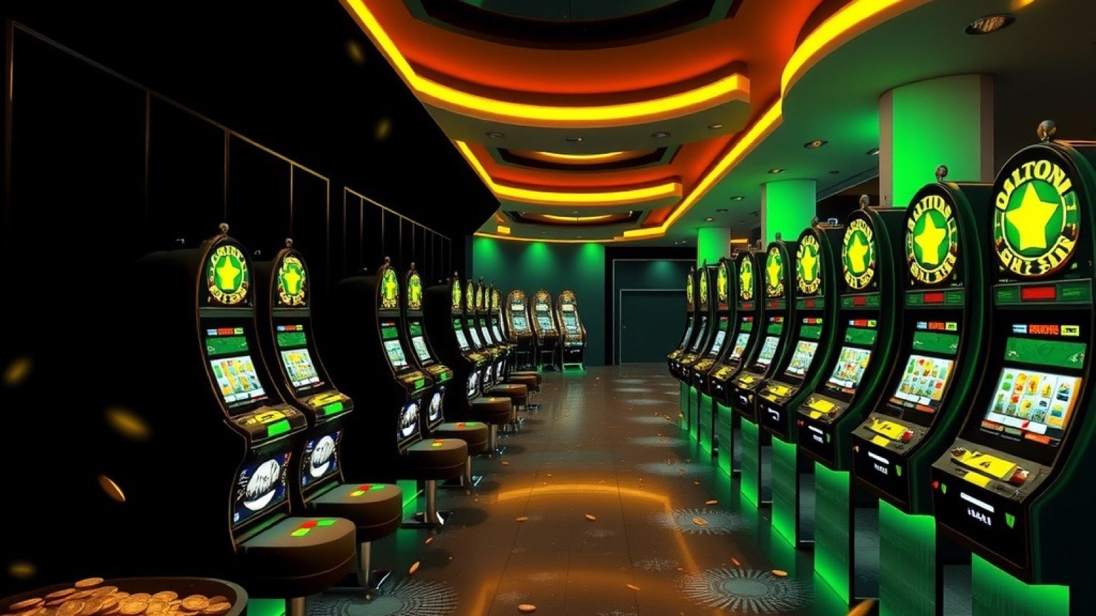 WinMate88 Australia casino floor with rows of glowing pokies cabinets and gold coins